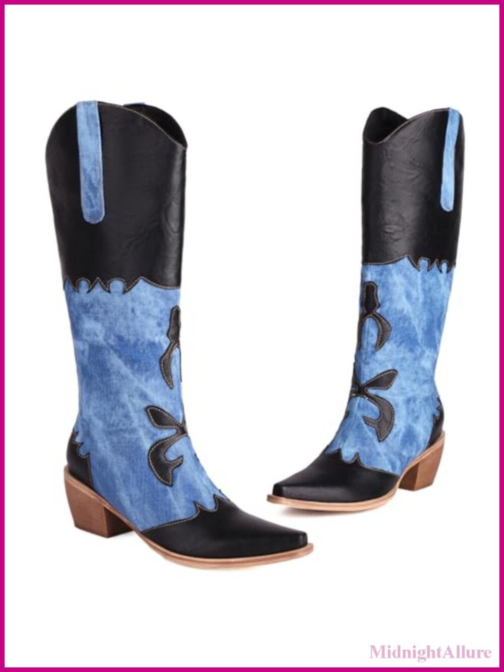 Women Denim Cowboy Boots Patchwork Knee High Pointed Toe Chunky Heel Pull On